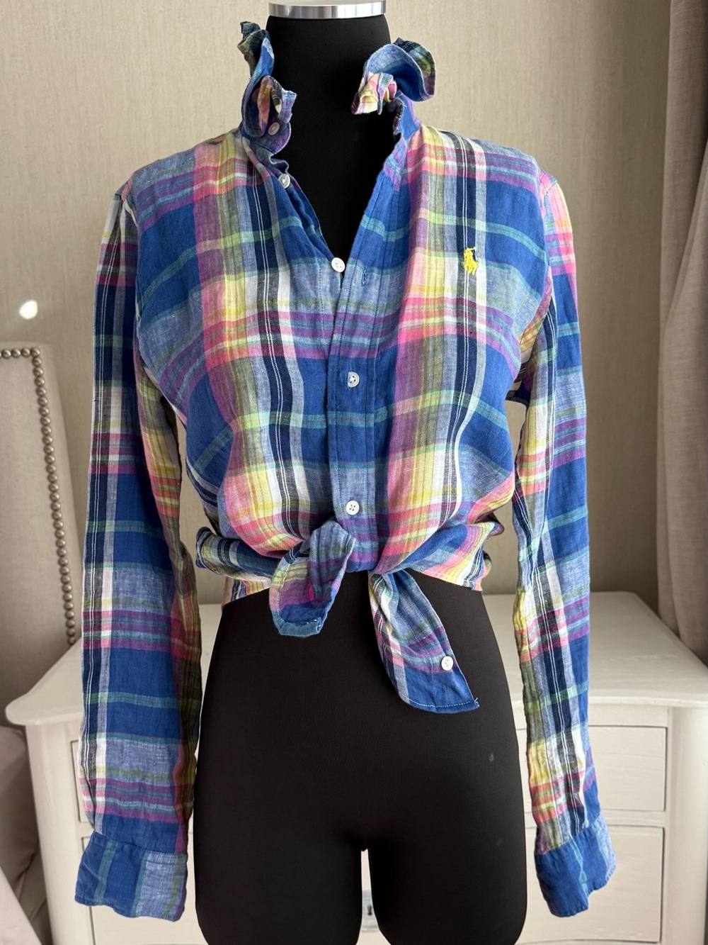 New! Women’s Polo Ralph Lauren 100% linen shirt with ruffle collar detail Sz XS